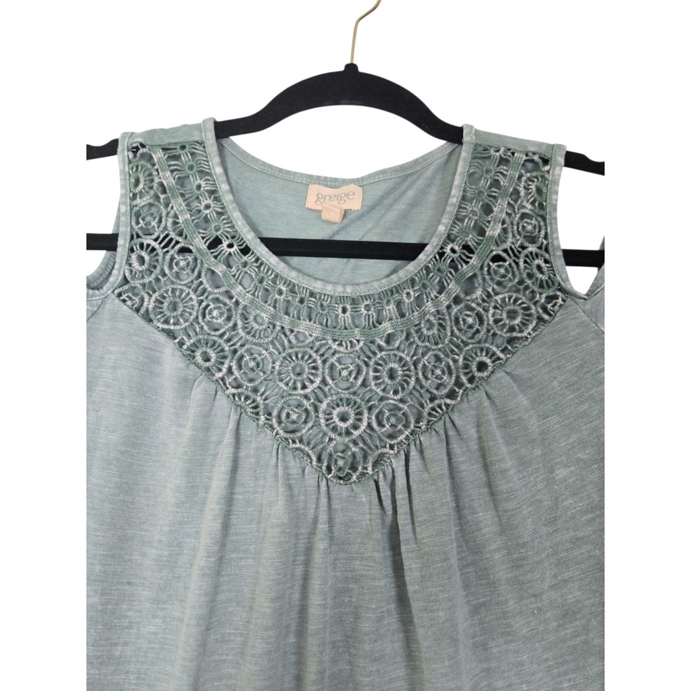 Greige Womens L Blue Green Crochet Blouse Cutout Flutter Sleeve Boho Festival